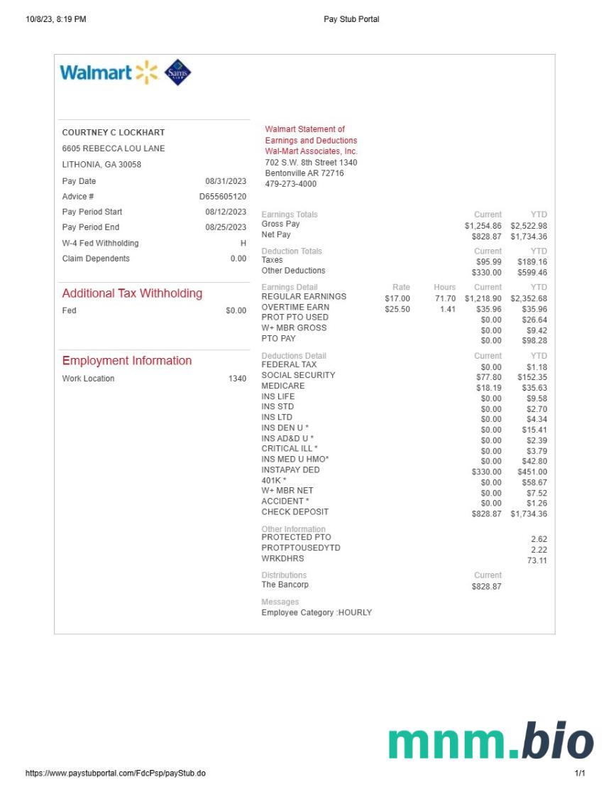 Szablon zestawienia zarobków i potrąceń Walmart w formatach Word i PDF